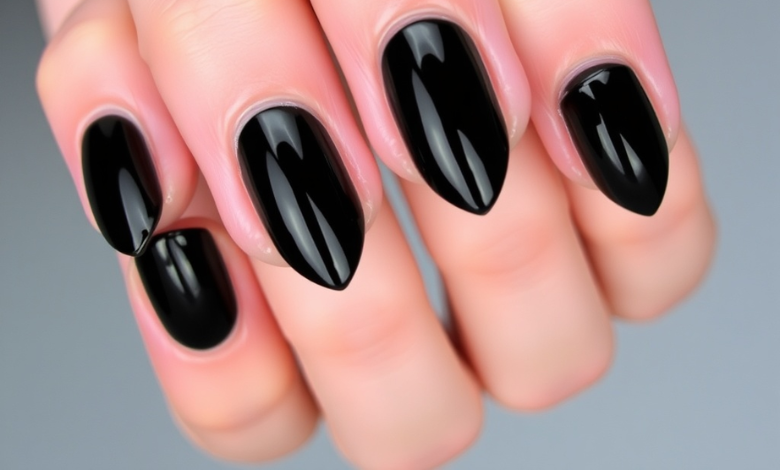 edgy black french tip almond nails