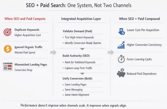 Infographic showing how SEO and paid search work together as one system, comparing competing vs. integrated strategies, with steps for validating demand, building authority, and improving conversion performance.